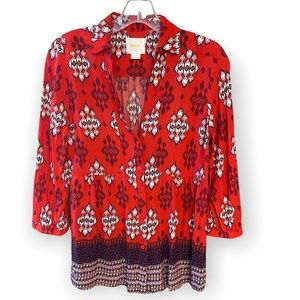 Maeve Anthropologie 6 Woodland Walk Red Long Sleeve BOHO Lightweight Blouse